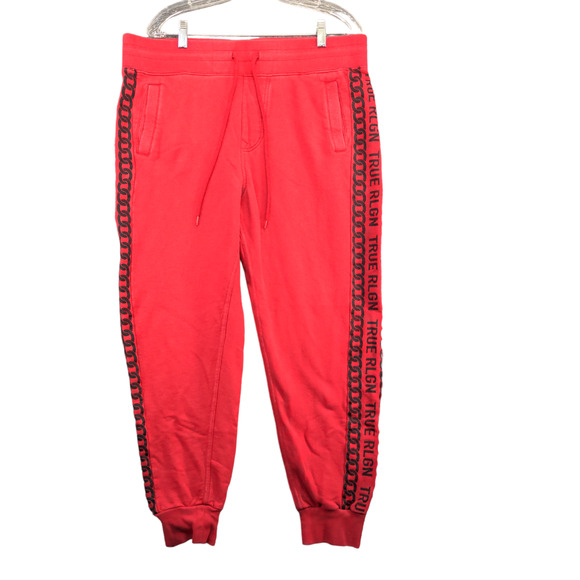 True Religion Mens Jogger Pants Large Red Drawstring Waist Tapered Leg Cotton - Picture 1 of 12